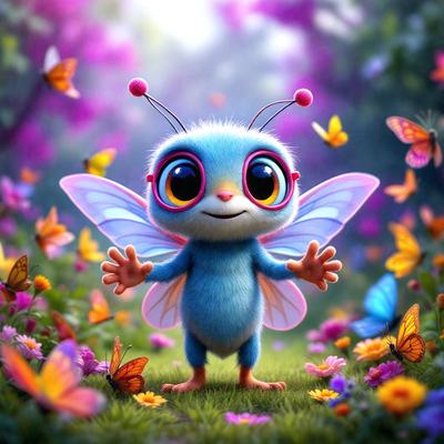 The primary subject of the image is a small, cute, and colorful blue butterfly. The butterfly is standing in a field of flowers, which adds to the overall atmosphere of the scene. The visual style of the image is digital art, as it appears to be a well-crafted and detailed illustration. The colors and mood of the image are vibrant and cheerful, with the blue butterfly and the flowers creating a lively and pleasant scene.